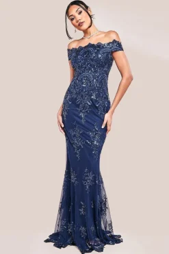 Bardot Sequin Embroidered Maxi Dress - Navy by Goddiva