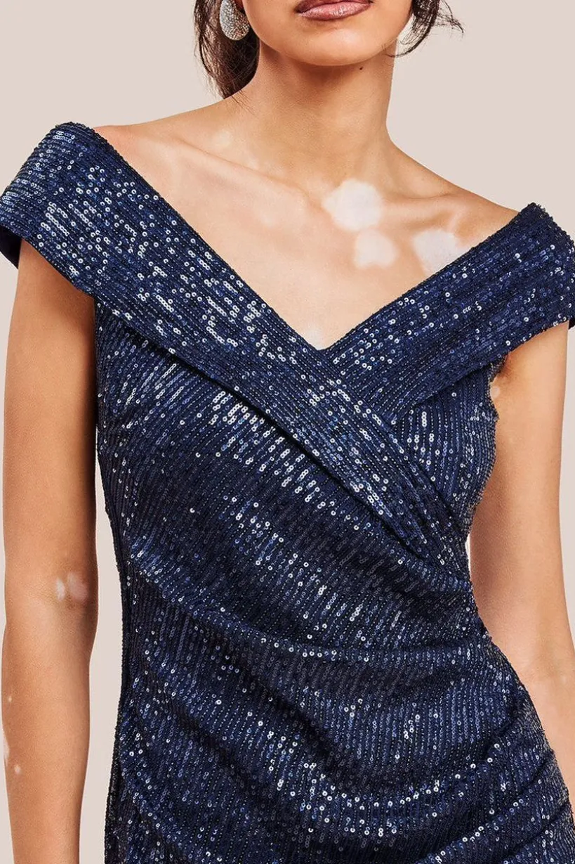 Bardot Sequin Pleated Maxi Dress - Navy by Goddiva