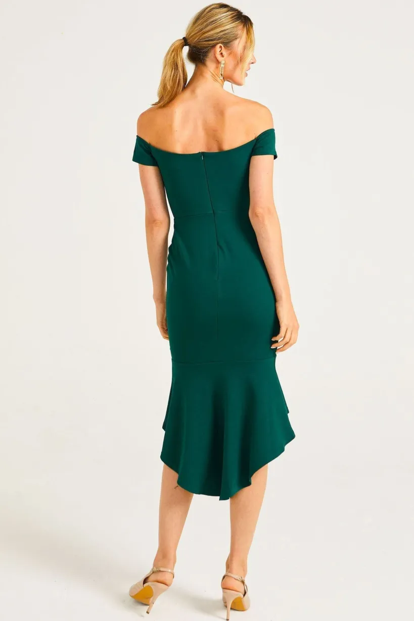 Bardot Sweetheart Bodycon Dress With Asymmetrical Frill Hem by Angeleye