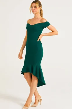 Bardot Sweetheart Bodycon Dress With Asymmetrical Frill Hem by Angeleye