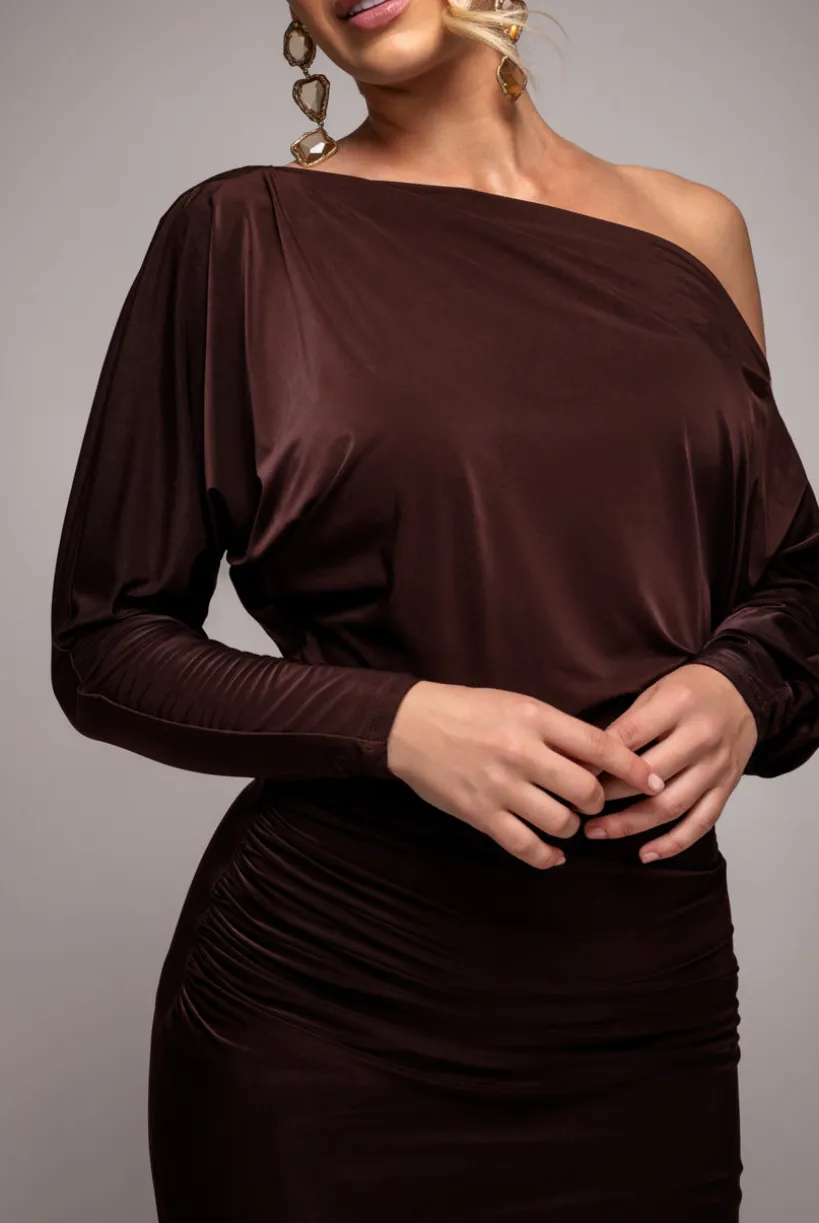 Bat Wing Elasticated Side Gather Maxi Dress - Brown by Goddiva