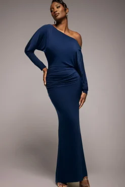 Bat Wing Elasticated Side Gather Maxi Dress - Navy Blue by Goddiva