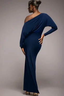 Bat Wing Elasticated Side Gather Maxi Dress - Navy Blue by Goddiva