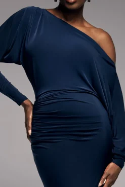 Bat Wing Elasticated Side Gather Maxi Dress - Navy Blue by Goddiva