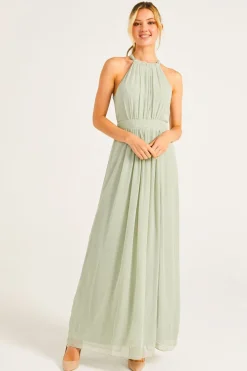 Beaded Halterneck Maxi Dress In Sage Green by Angeleye