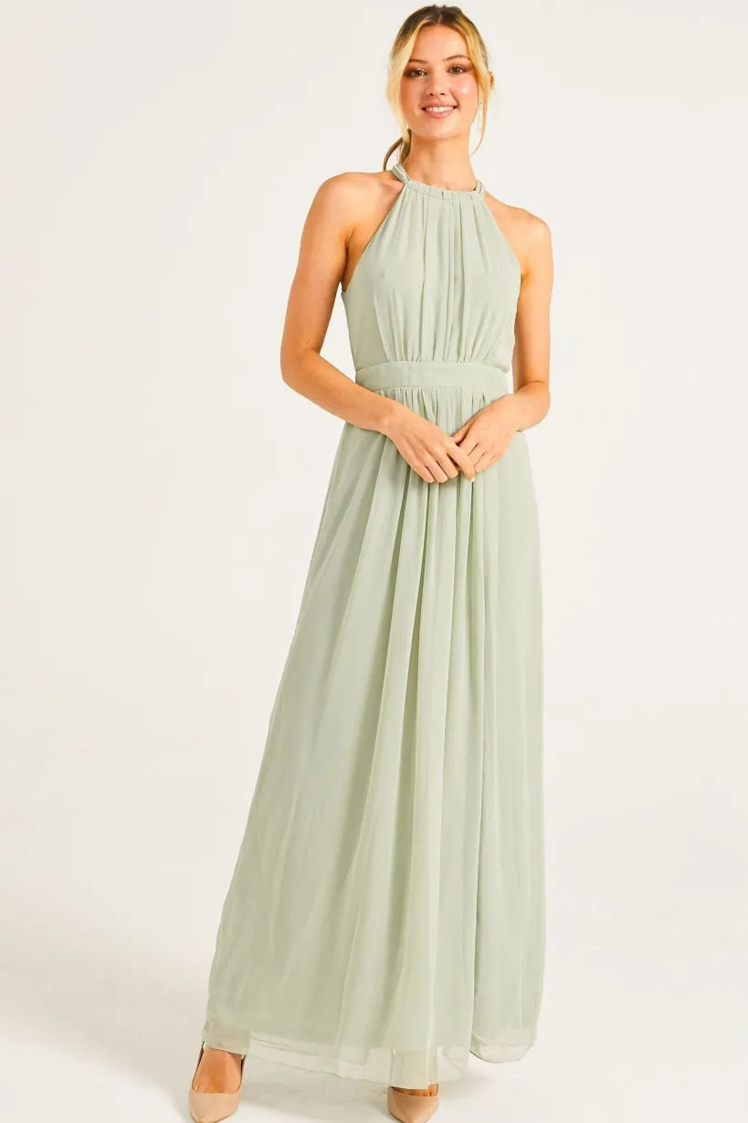 Beaded Halterneck Maxi Dress In Sage Green by Angeleye