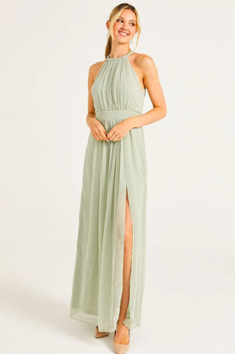 Beaded Halterneck Maxi Dress In Sage Green by Angeleye