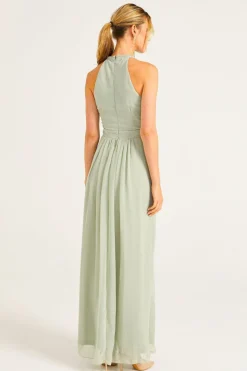 Beaded Halterneck Maxi Dress In Sage Green by Angeleye