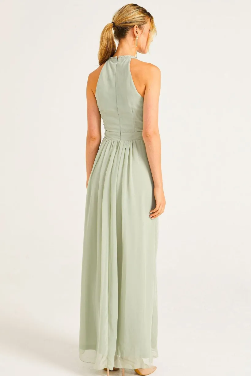 Beaded Halterneck Maxi Dress In Sage Green by Angeleye