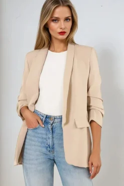 Beige Blazer With Ruched Sleeves by Aftershock London