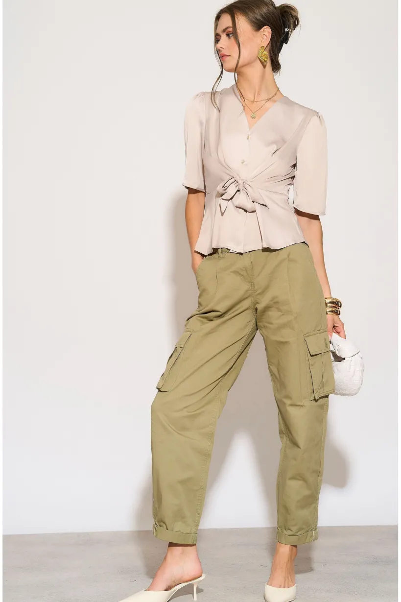 Beige Short Sleeve Knotted Crepe Satin Top by LOVE SUNSHINE