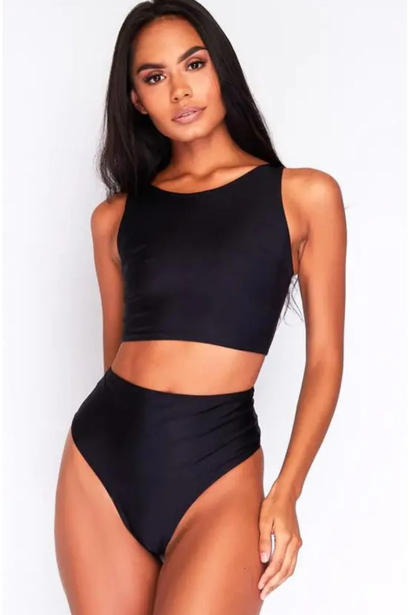 Bikini Long Crop Top In Black by Maribela