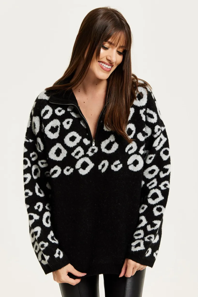 Black And White Jacquard Animal Pattern Jumper With Zip Front by Liquorish
