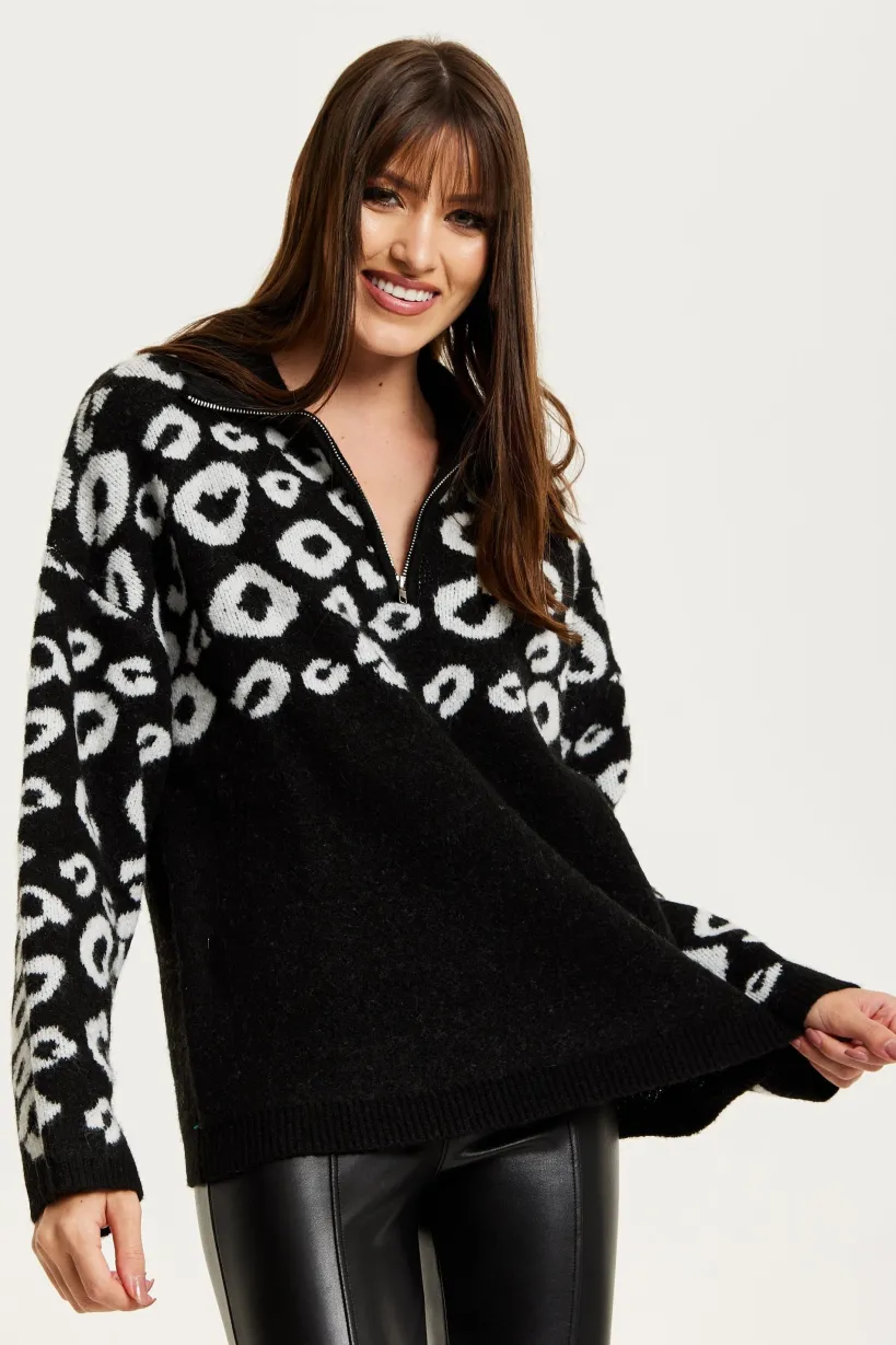 Black And White Jacquard Animal Pattern Jumper With Zip Front by Liquorish