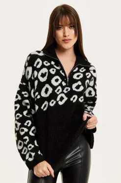 Black And White Jacquard Animal Pattern Jumper With Zip Front by Liquorish
