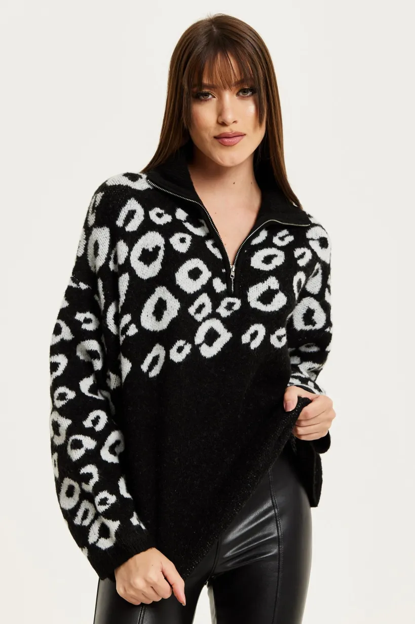 Black And White Jacquard Animal Pattern Jumper With Zip Front by Liquorish
