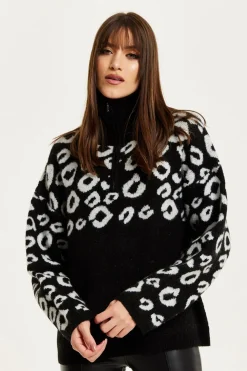 Black And White Jacquard Animal Pattern Jumper With Zip Front by Liquorish