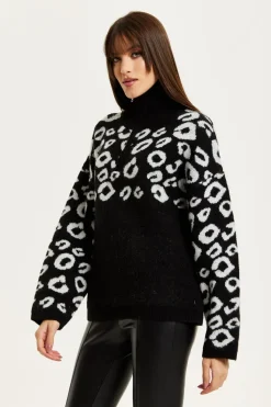 Black And White Jacquard Animal Pattern Jumper With Zip Front by Liquorish