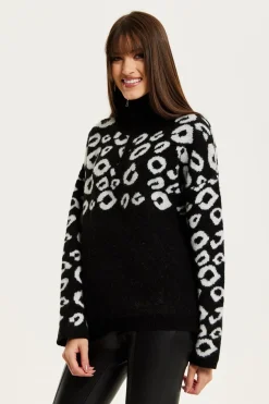 Black And White Jacquard Animal Pattern Jumper With Zip Front by Liquorish
