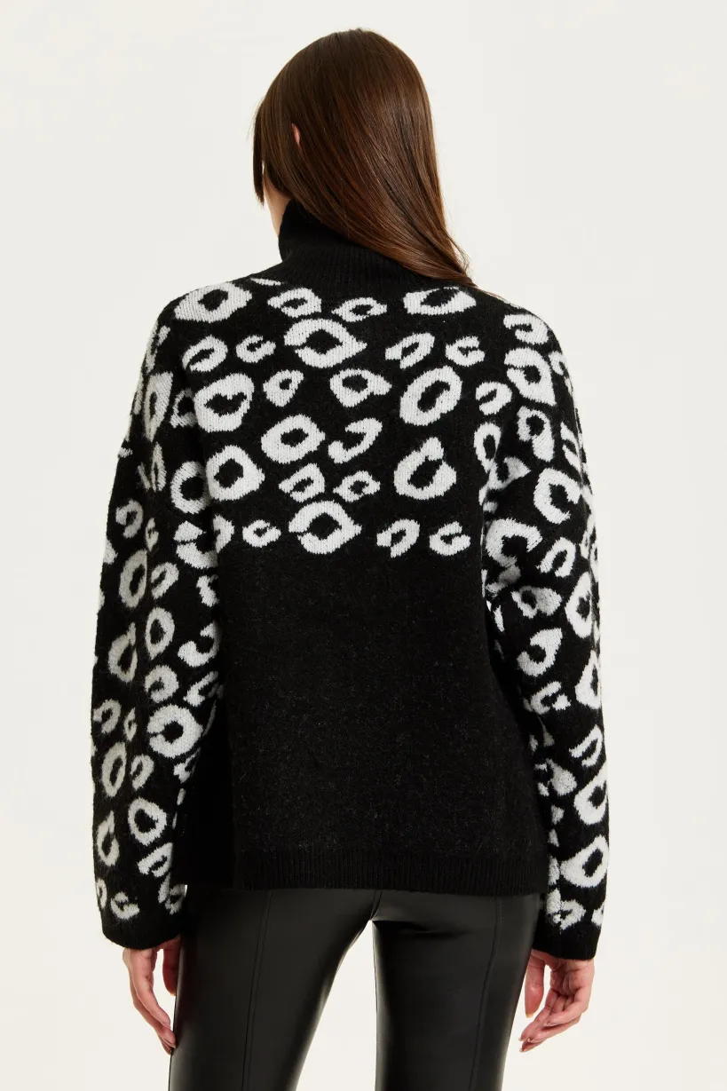 Black And White Jacquard Animal Pattern Jumper With Zip Front by Liquorish