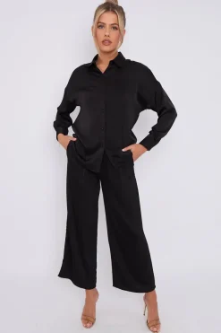 Black Brushed Satin Trousers by LOVE SUNSHINE
