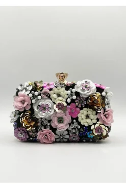 Black Floral Applique Clutch Bag by SVNX
