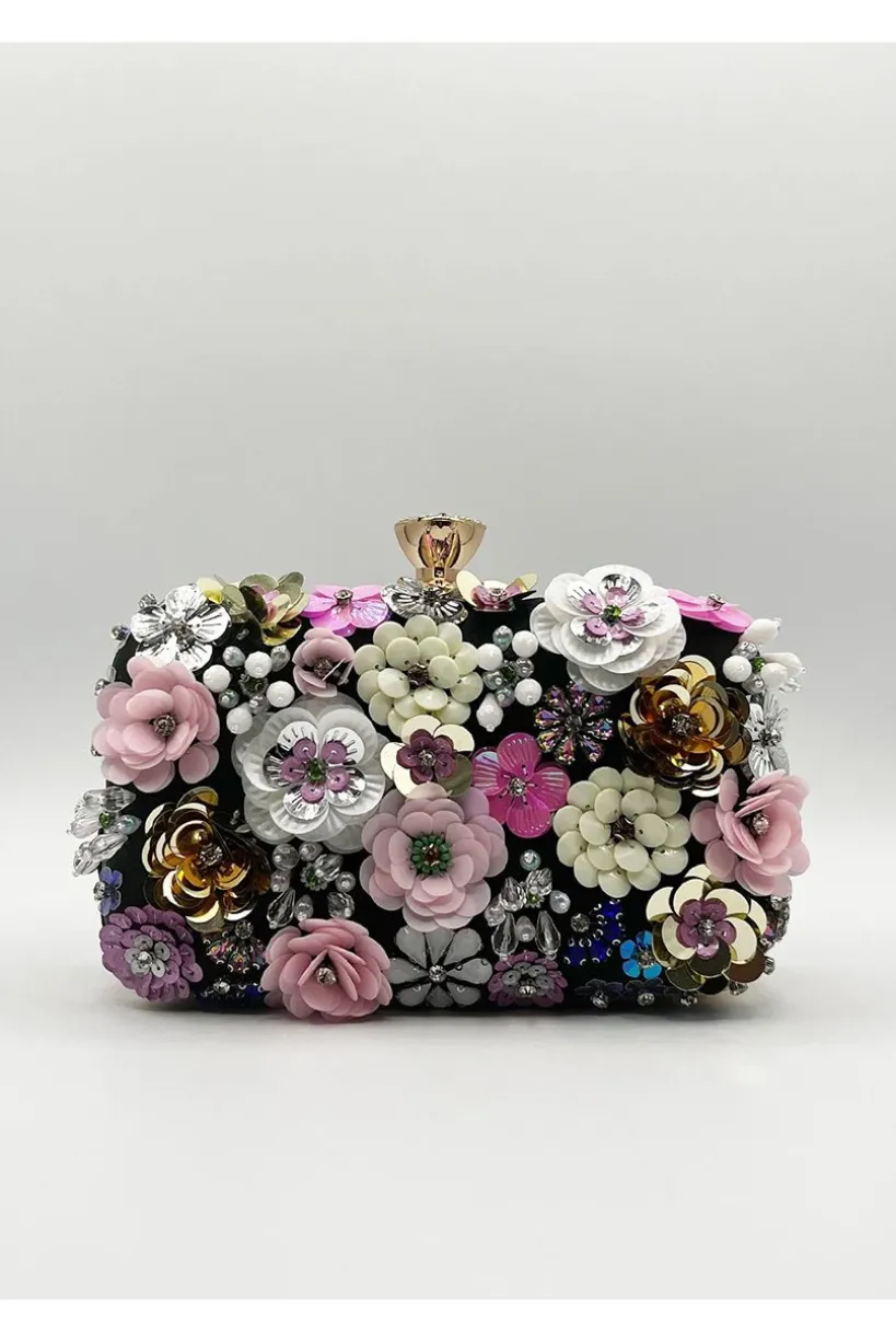 Black Floral Applique Clutch Bag by SVNX