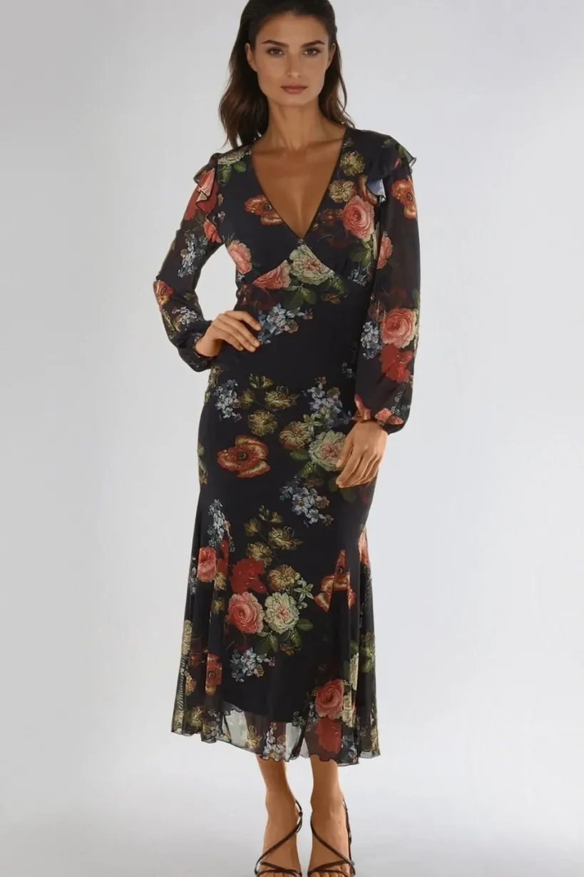 Black Floral V Neckline Midi Dress by Aftershock London