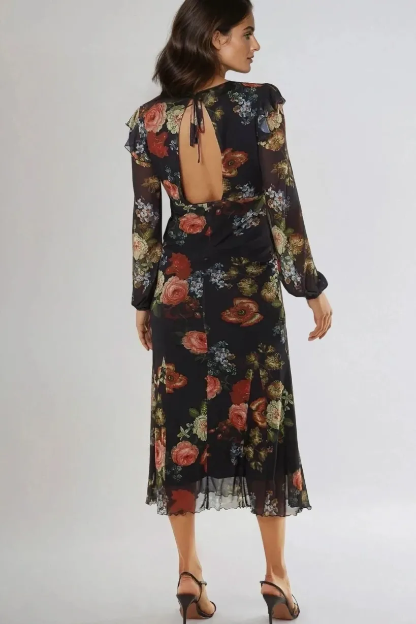 Black Floral V Neckline Midi Dress by Aftershock London