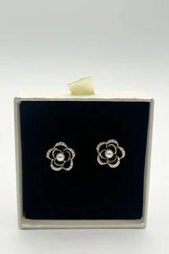 Black Flower Pearl Earrings In Gold by SVNX