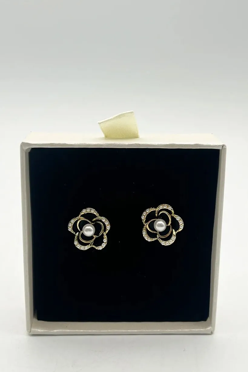 Black Flower Pearl Earrings In Gold by SVNX