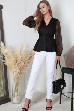 Black Frill Front Satin Top by Double Second
