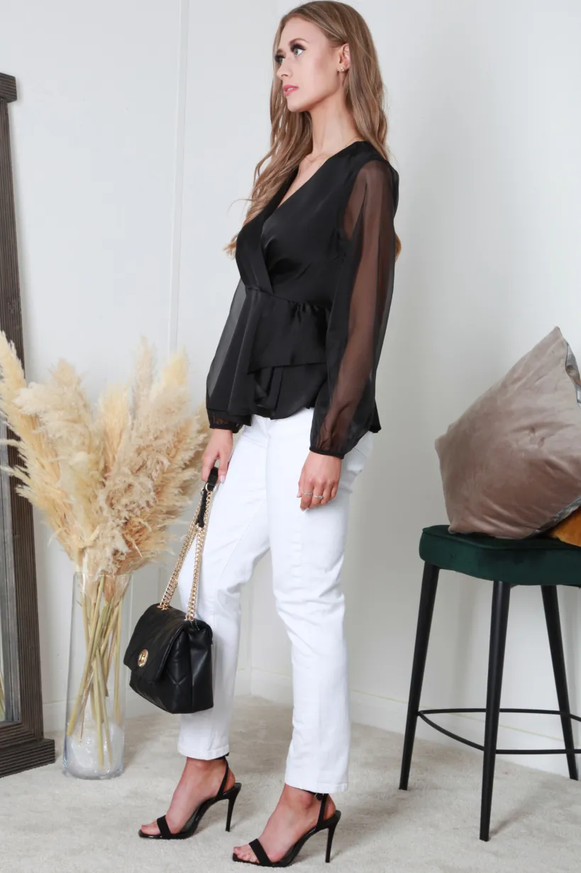 Black Frill Front Satin Top by Double Second
