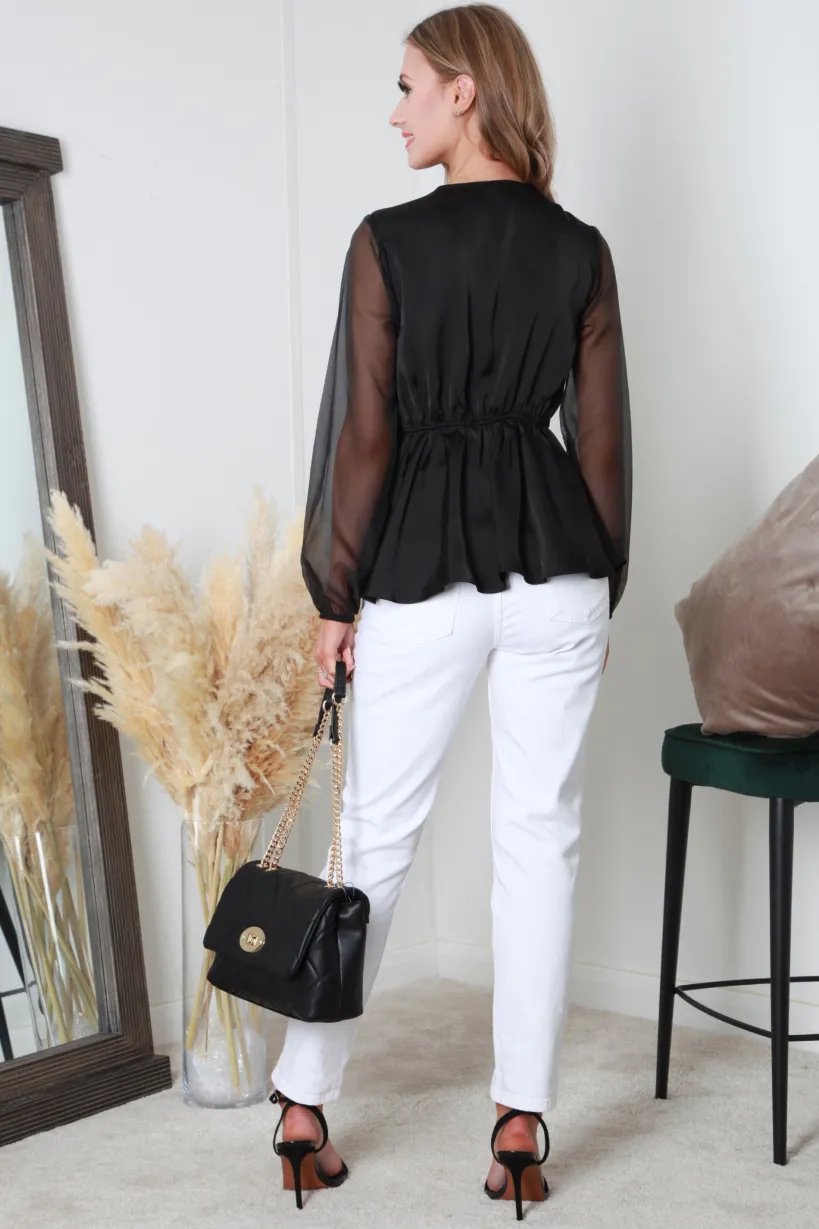 Black Frill Front Satin Top by Double Second