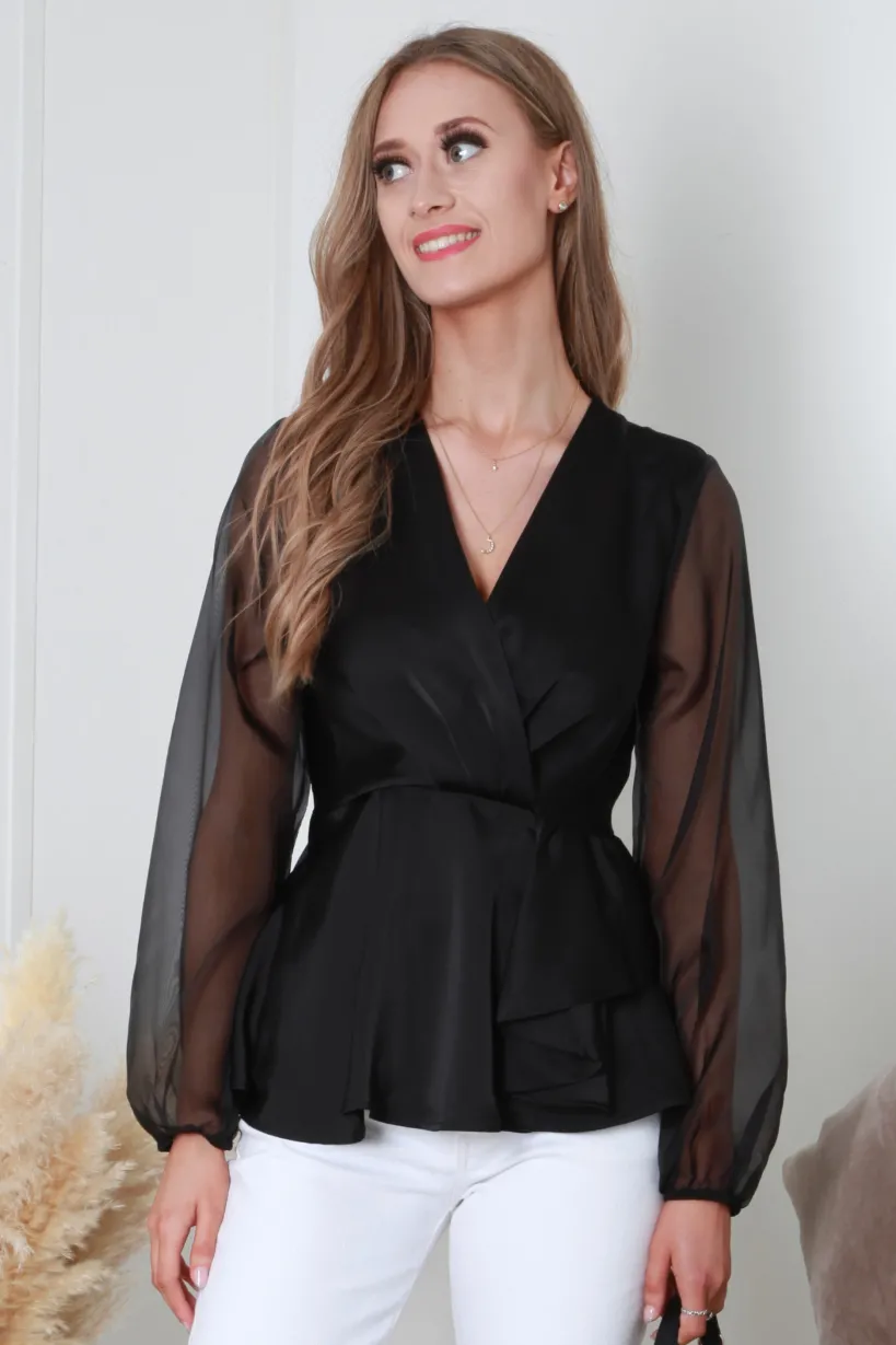 Black Frill Front Satin Top by Double Second