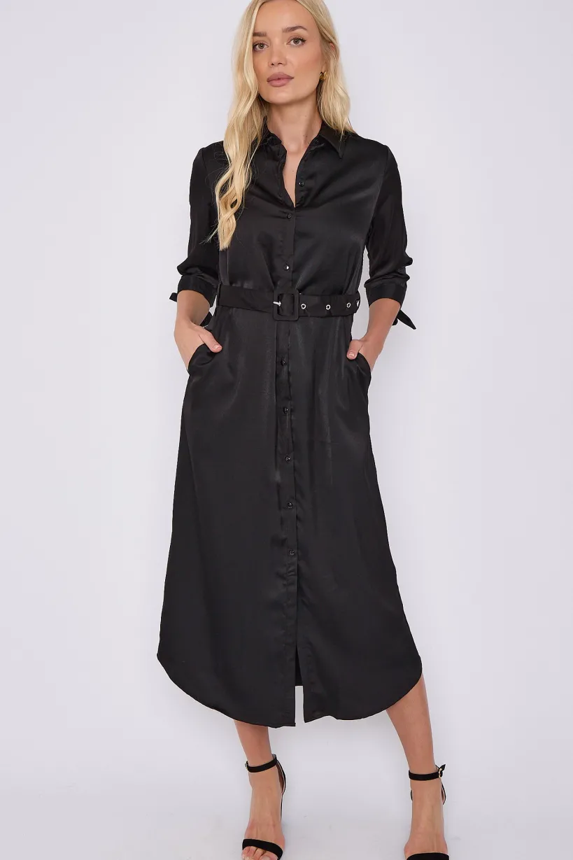 Black Half Sleeve Belted Maxi Shirt Dress by LOVE SUNSHINE