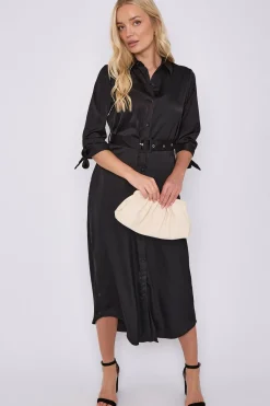 Black Half Sleeve Belted Maxi Shirt Dress by LOVE SUNSHINE