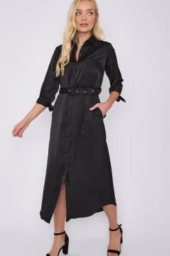 Black Half Sleeve Belted Maxi Shirt Dress by LOVE SUNSHINE