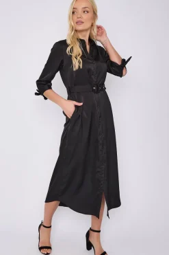 Black Half Sleeve Belted Maxi Shirt Dress by LOVE SUNSHINE