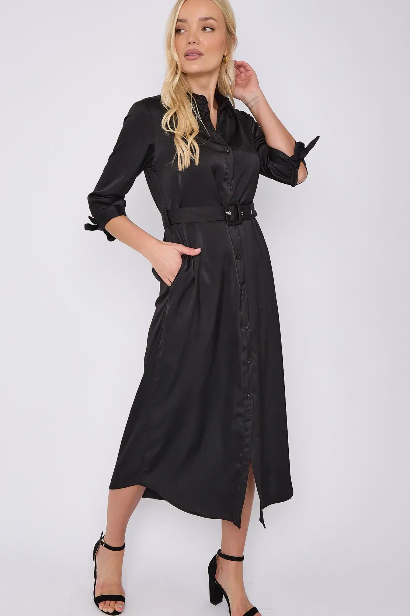 Black Half Sleeve Belted Maxi Shirt Dress by LOVE SUNSHINE