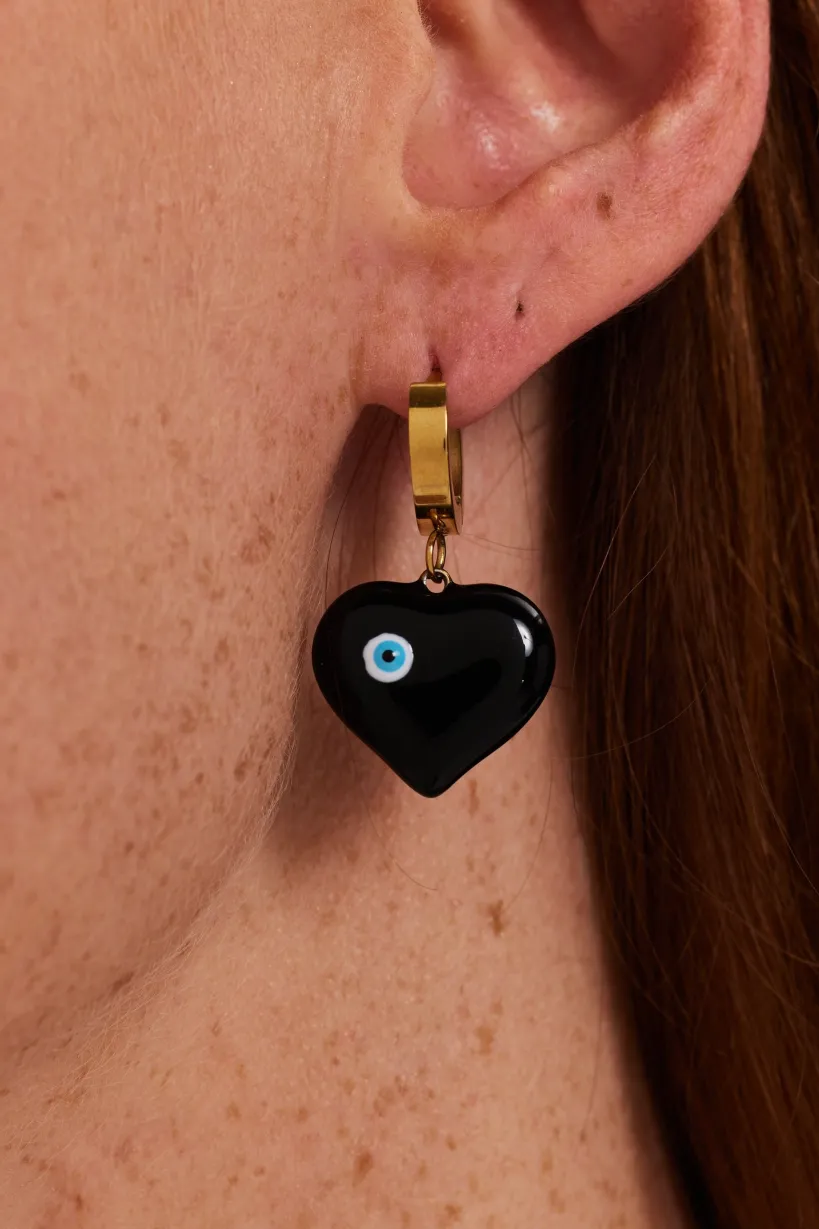 Black Heart Small Gold Hoop Earrings With Evil Eye Detail by Liquorish
