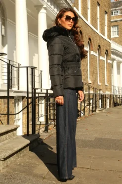 Black Padded Short Belted Puffer by Double Second