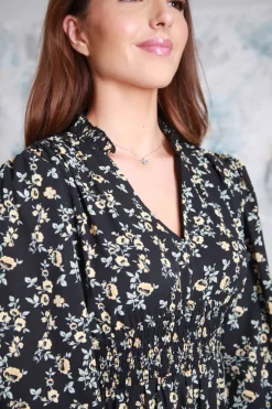 Black Printed Shirring Waist Dress by Double Second