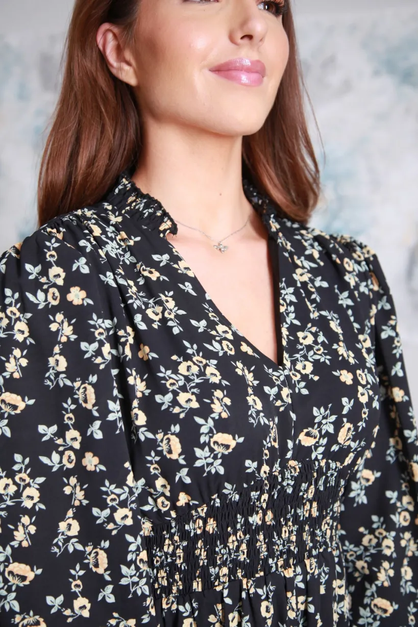 Black Printed Shirring Waist Dress by Double Second