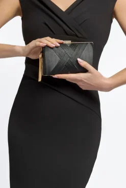 Black Satin Clutch Bag With Tassels by Aftershock London