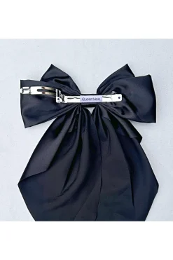 Black Satin Hair Bow Black Hair Clip Long Bow by QueenMee Accessories