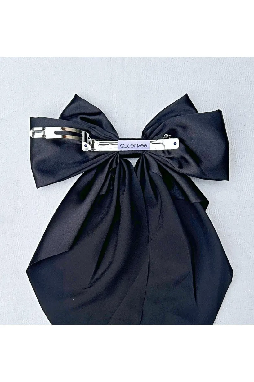 Black Satin Hair Bow Black Hair Clip Long Bow by QueenMee Accessories