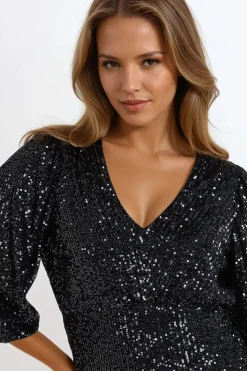 Black Sequin V Neck Mini Dress by Aftershock London