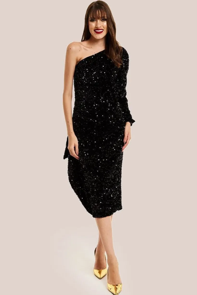 Black Sequin Velvet One Shoulder Midi Dress by Liquorish