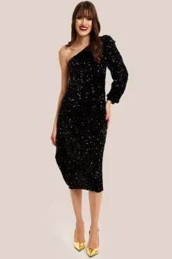 Black Sequin Velvet One Shoulder Midi Dress by Liquorish